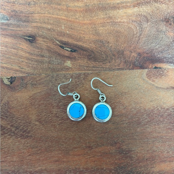 Mexico Vintage Sterling Silver 9mm Turquoise Circle Dangle Earrings - 13.3 Grams - Picture 6 of 7